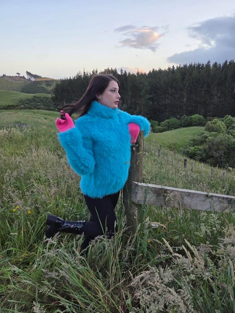 Aqua Electric Blue Foxy Fur 50cm/20 inch Turtleneck Sweater