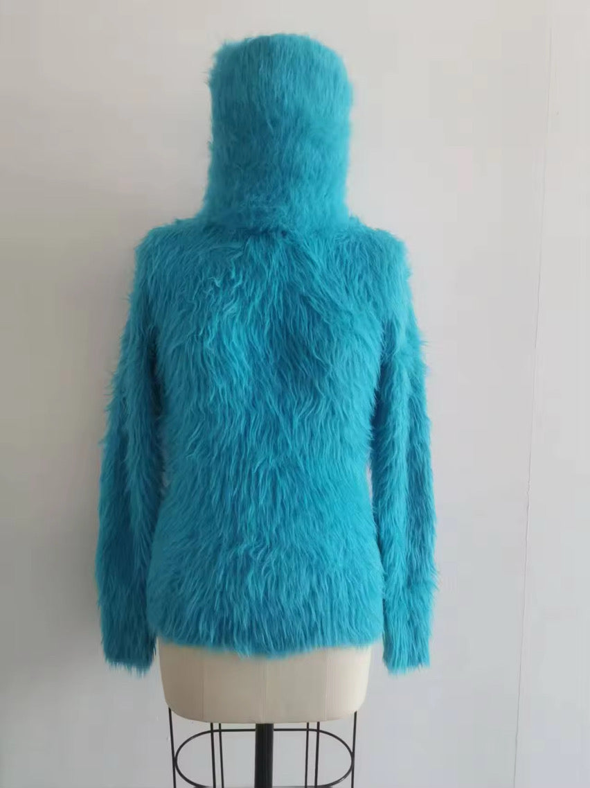 Aqua Electric Blue Foxy Fur 200cm/80 inch Turtleneck Sweater