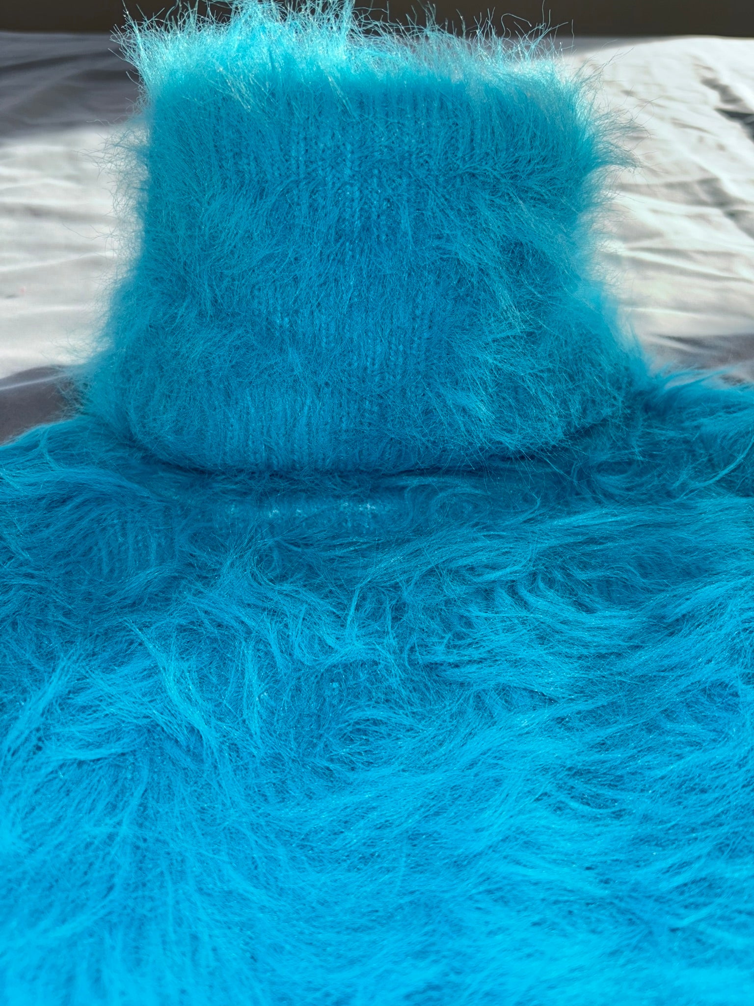 Aqua Electric Blue Foxy Fur 50cm/20 inch Turtleneck Sweater