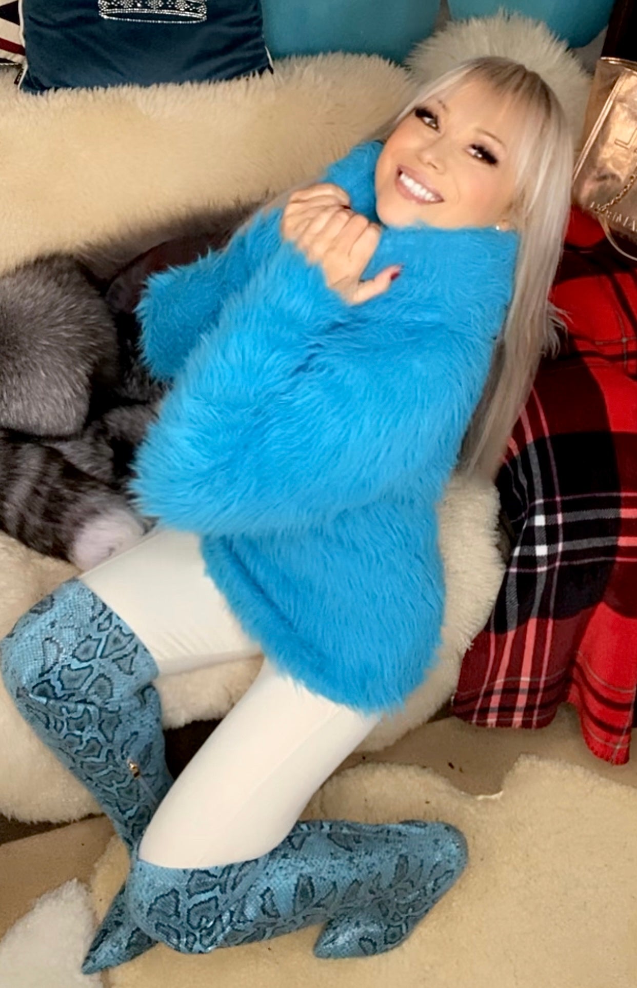 Aqua Electric Blue Foxy Fur 200cm/80 inch Turtleneck Sweater