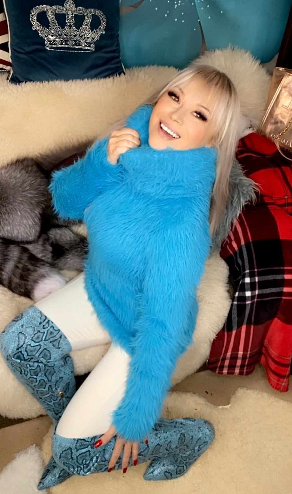 Aqua Electric Blue Foxy Fur 200cm/80 inch Turtleneck Sweater