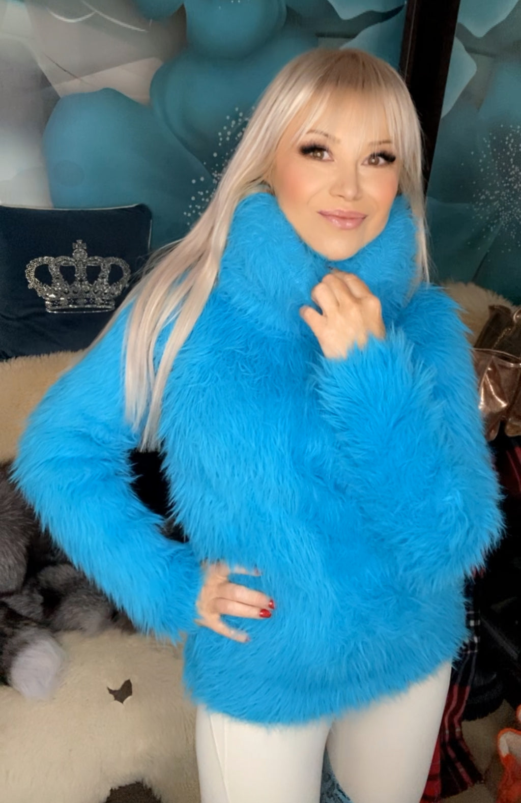 Aqua Electric Blue Foxy Fur 200cm/80 inch Turtleneck Sweater