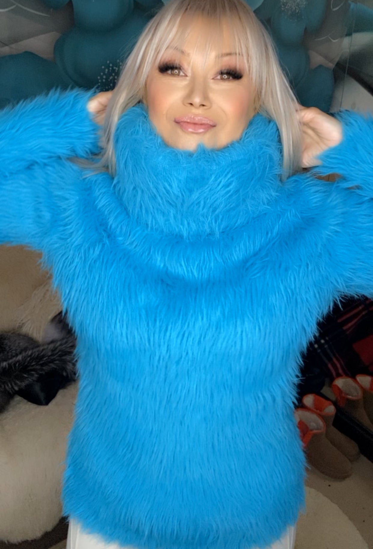Aqua Electric Blue Foxy Fur 200cm/80 inch Turtleneck Sweater