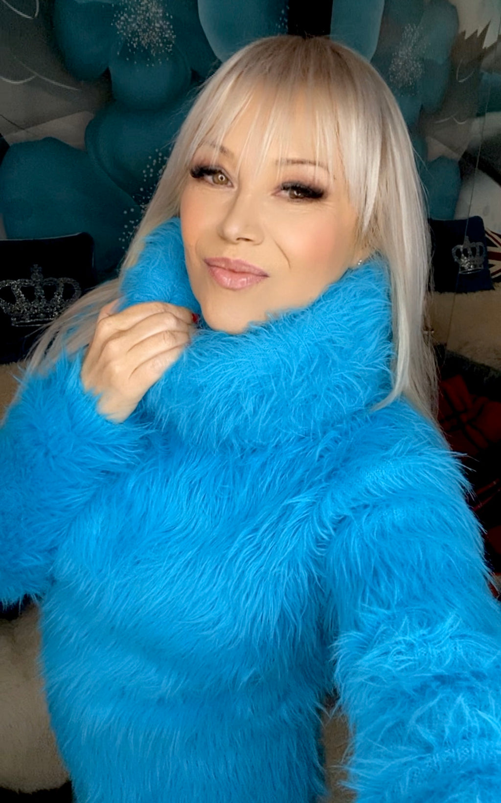 Aqua Electric Blue Foxy Fur 200cm/80 inch Turtleneck Sweater