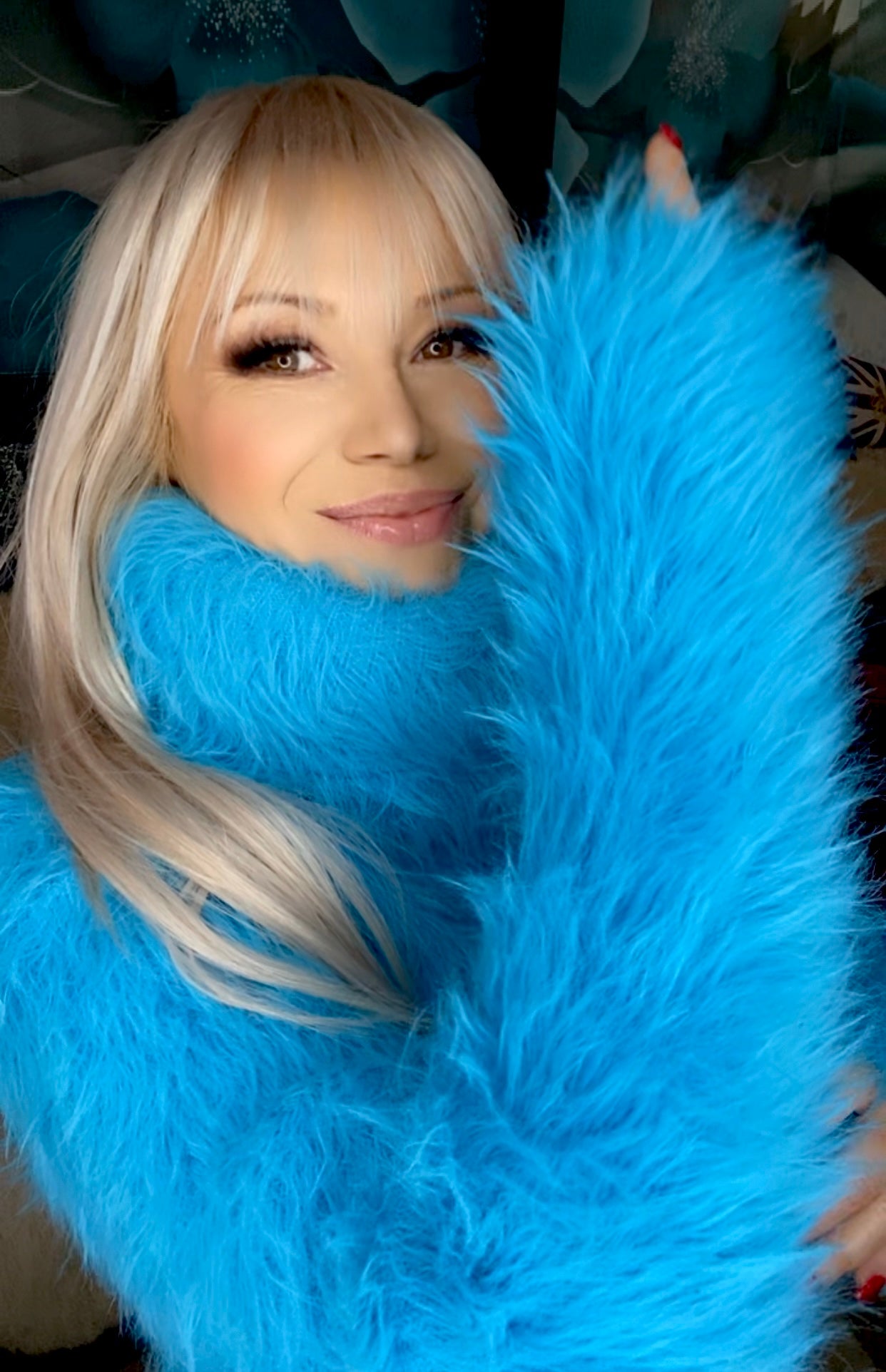 Aqua Electric Blue Foxy Fur 200cm/80 inch Turtleneck Sweater