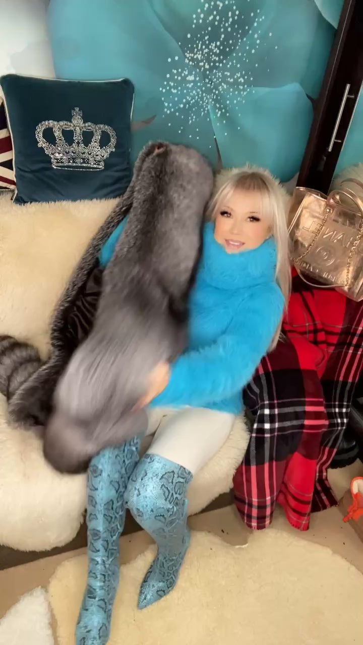 Aqua Electric Blue Foxy Fur 200cm/80 inch Turtleneck Sweater